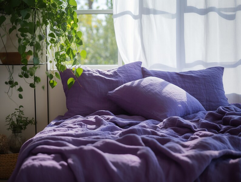 Violet linen sheet set 1 flat sheet and 1 fitted sheet and 2 pillowcases Purple softened linen bedding Stonewashed Lavender bedding set image 10