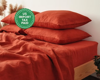Terracotta linen sheet set 1 flat sheet and 1 fitted sheet and 2 pillowcases Softened linen bedding Stonewashed Orange bedding set