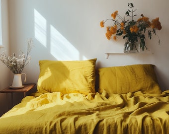 Mustard linen pillowcase Orange pillow cover King Queen Standard Euro Decorative Lumbar, Boudoir, Custom size Envelope closure