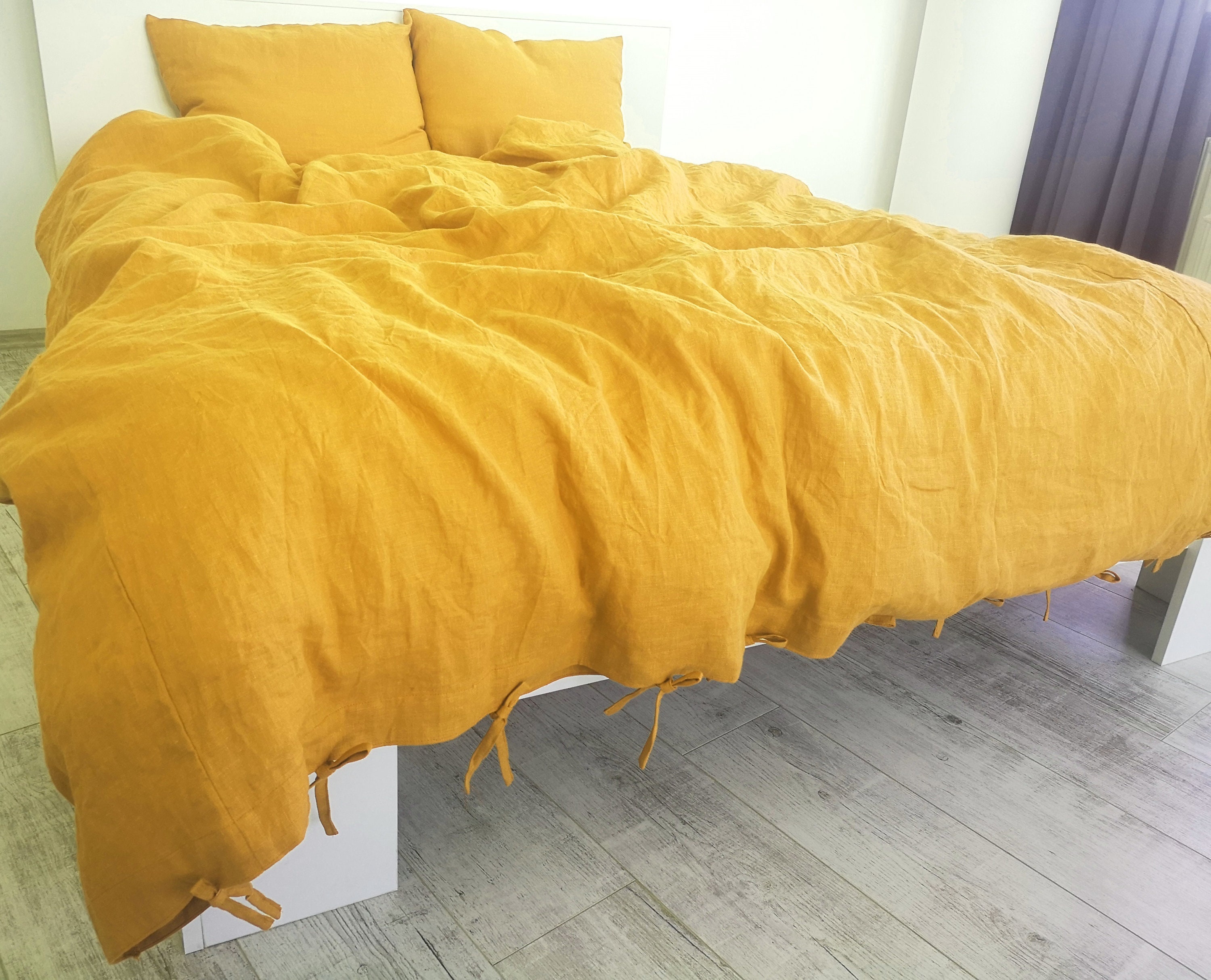 Bright yellow linen duvet cover with ribbon ties closure / 1 Etsy
