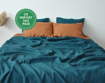 Teal linen coverlet with or without filling Softened linen Medium weight Double Queen California King Custom size bed cover