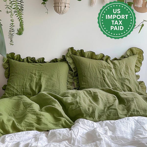 Olive and other colors ruffled linen pillow cover Linen pillowcase with ruffles Standard Queen King Custom size pillow case