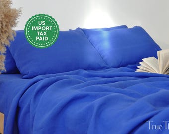 Juego de sábanas de lino azul real 1 sábana encimera, 1 sábana ajustable y 2 fundas de almohada Ropa de cama de lino suavizado Juego de cama azul lavado a la piedra