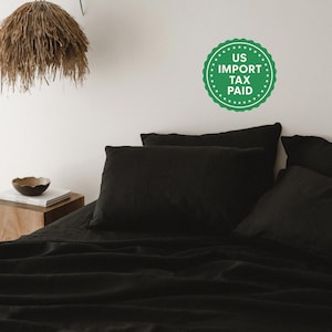 Juego de sábanas de lino negro 1 sábana encimera, 1 sábana ajustable y 2 fundas de almohada Ropa de cama de lino suavizado Juego de sábanas negro lavado a la piedra