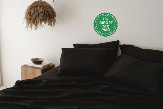 Black Linen Sheet Set 1 Flat Sheet and 1 Fitted Sheet and 2 Pillowcases Softened Linen Bedding Stonewashed Black Bedding Set