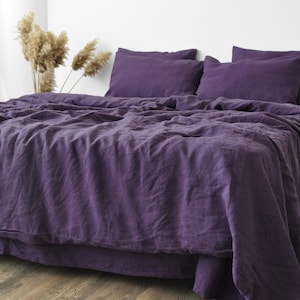 Deep purple linen duvet cover 1 duvet cover Softened linen Dark purple comforter cover Quilt cover Coconut buttons   Ribbon ties