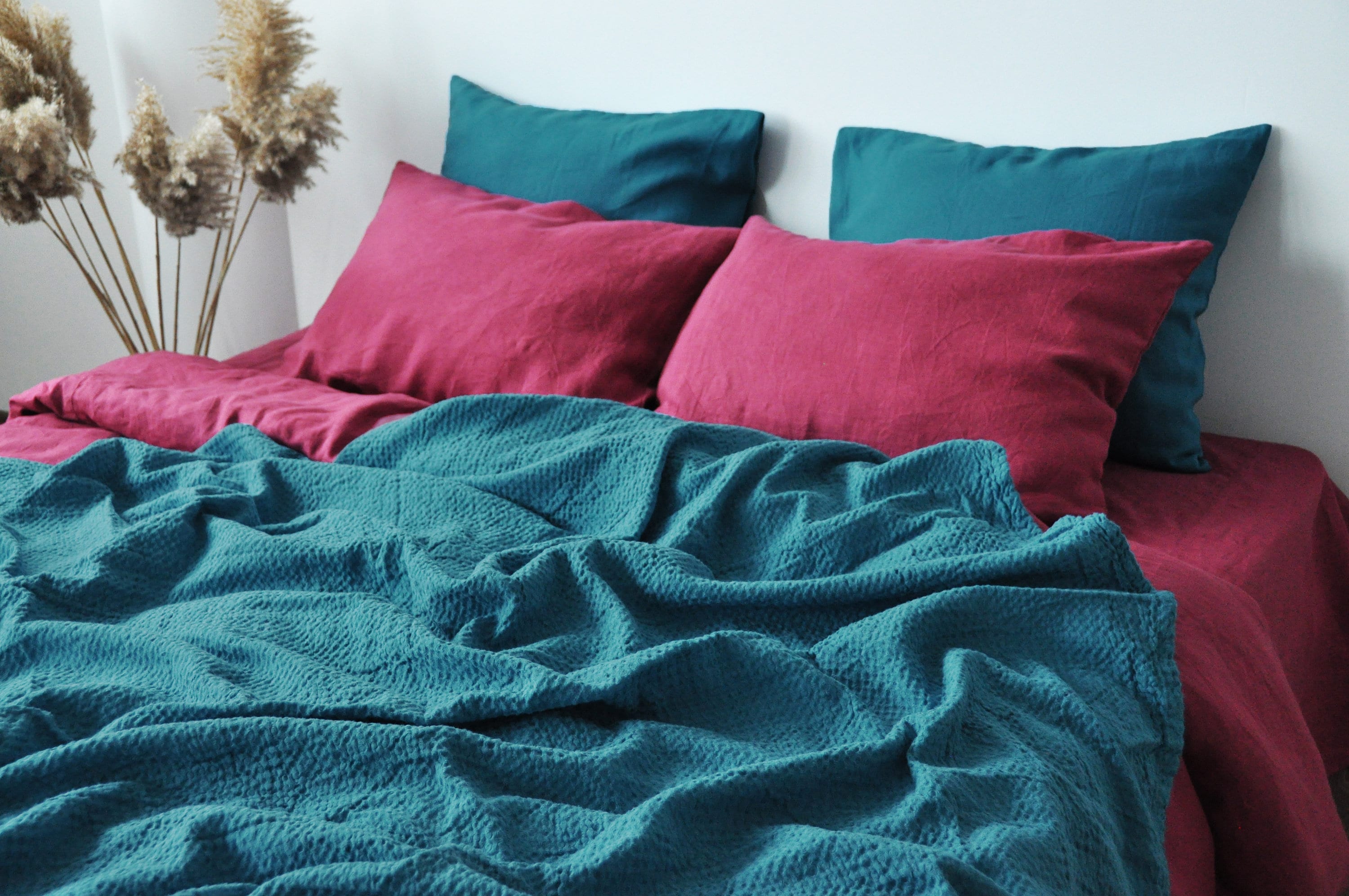 Sea wave waffle linen coverlet / Softened linen / Heavy weight - Picture 2 of 57