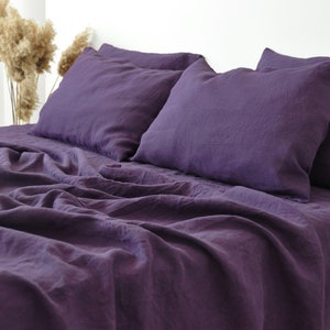 Deep purple linen sheet set 1 flat sheet and 1 fitted sheet and 2 pillowcases Softened linen bedding Stonewashed Purple bedding set image 1