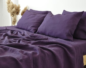 Deep purple linen sheet set 1 flat sheet and 1 fitted sheet and 2 pillowcases Softened linen bedding Stonewashed Purple bedding set