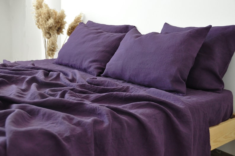 Deep purple linen sheet set 1 flat sheet and 1 fitted sheet and 2 pillowcases Softened linen bedding Stonewashed Purple bedding set image 1