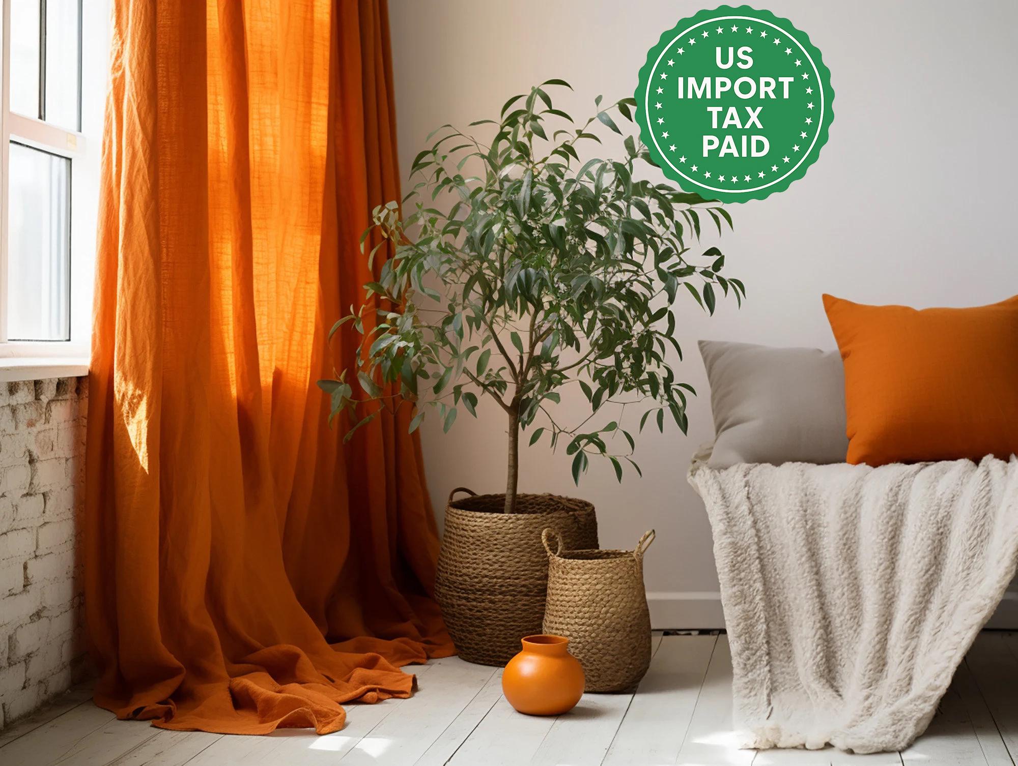 Burnt orange regular and blackout linen curtains 2 panels Unlined Cotton Blackout lining Medium weight linen Custom size