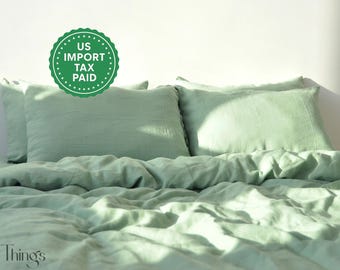 Sage green linen bedding set 1 Duvet cover and 2 Pillowcases Softened linen bedding Comforter cover set Quilt cover set