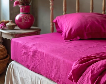 Fuchsia linen fitted sheet 1 Fitted sheet Softened linen sheet Stonewashed linen Linen bedsheet Deep pocket   Bright pink sheet