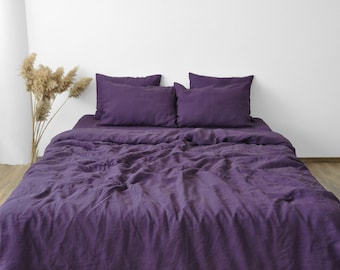 Deep purple linen bedding set 1 Duvet cover and 2 Pillowcases in dark purple color Softened linen bedding in dark violet