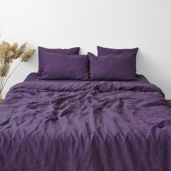 Deep purple linen bedding set 1 Duvet cover and 2 Pillowcases in dark purple color Softened linen bedding in dark violet