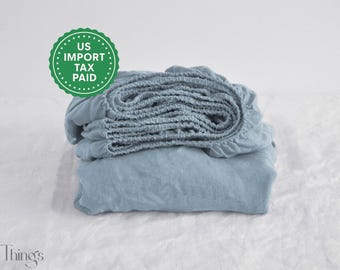Dusty blue linen fitted sheet 1 Fitted sheet Softened linen sheet Stonewashed linen Linen bedsheet Blue linen sheet