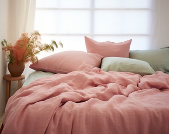 Sunset pink linen bedding set 1 Duvet cover and 2 Pillowcases in pink color Softened linen bedding Duvet covet set Comforter cover set