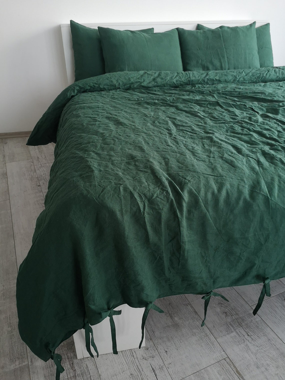 Forest Green Linen Duvet Cover With Ribbon Ties Closure / 1 Etsy