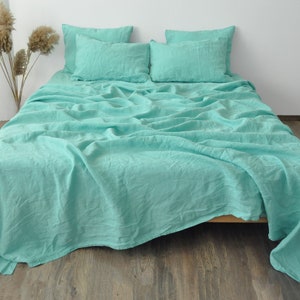 Cyan linen sheet set 1 flat sheet and 1 fitted sheet and 2 pillowcases Softened linen bedding Stonewashed Turquoise bedding set