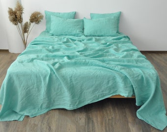 Cyan linen sheet set 1 flat sheet and 1 fitted sheet and 2 pillowcases Softened linen bedding Stonewashed Turquoise bedding set