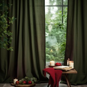 Dark olive regular and blackout linen curtains 2 panels Unlined Cotton Blackout lining Medium weight linen Custom size image 10