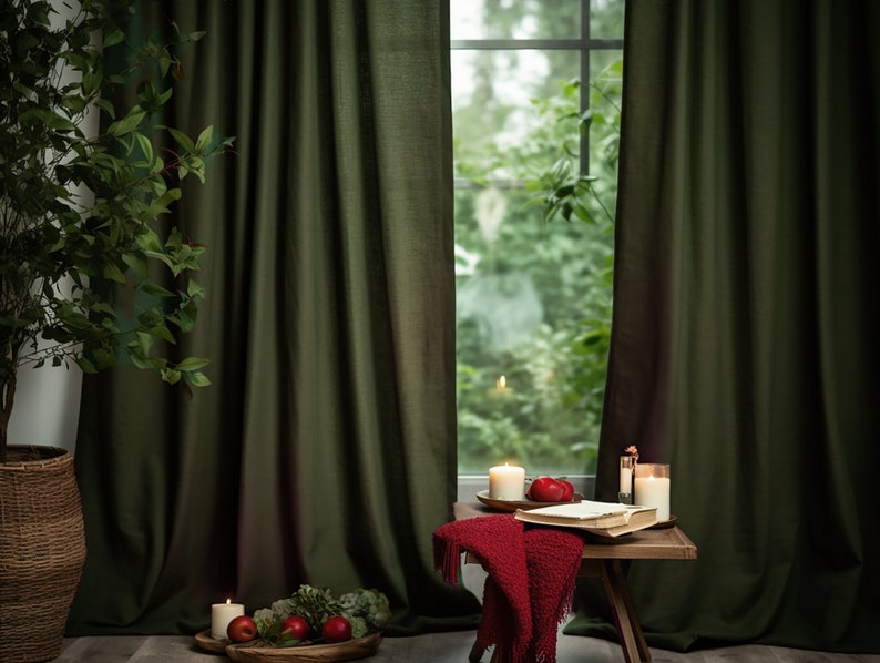 Dark olive regular and blackout linen curtains 2 panels Unlined Cotton Blackout lining Medium weight linen Custom size image 10