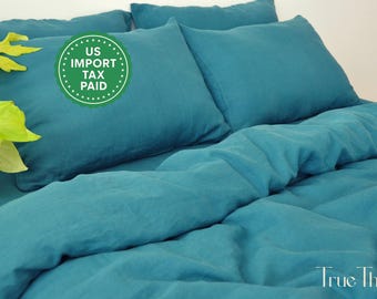 READY TO SHIP Teal linen duvet cover 1 duvet cover Softened linen Comforter cover Coconut buttons Ribbon ties   Hidden closure Stonewashed