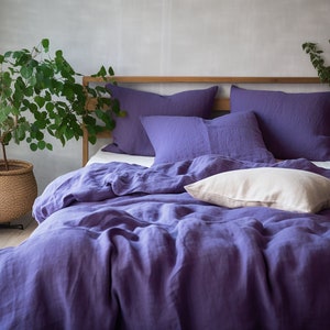 Violet linen duvet cover 1 duvet cover Softened linen Blue purple comforter cover Coconut buttons Ribbon ties   Hidden closure