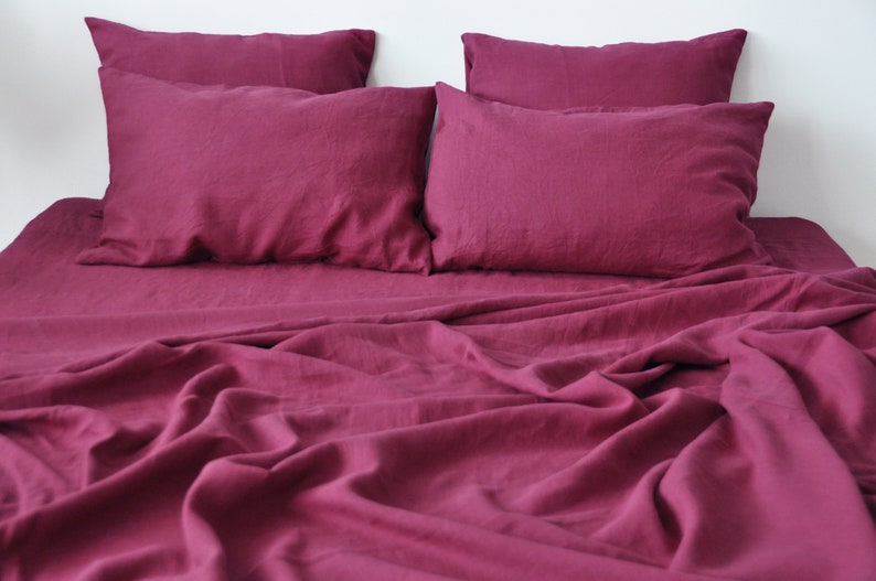 Raspberry linen flat sheet 1 Flat sheet Softened linen sheet Stonewashed linen Red linen bedsheet image 3