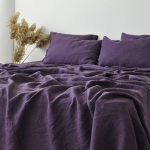 Deep purple linen sheet set 1 flat sheet and 1 fitted sheet and 2 pillowcases Softened linen bedding Stonewashed Purple bedding set image 6