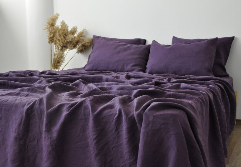 Deep purple linen sheet set 1 flat sheet and 1 fitted sheet and 2 pillowcases Softened linen bedding Stonewashed Purple bedding set image 6