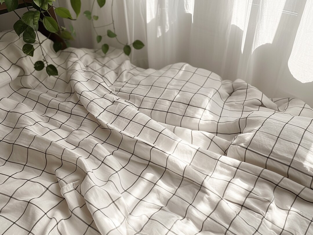 White Checked Linen Flat Sheet 1 Flat Sheet Softened Linen Sheet ...