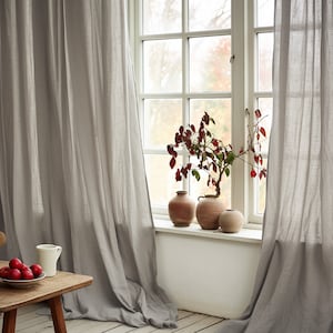 Tende in lino grigio chiaro, normali e oscuranti, 2 pannelli, senza fodera, in cotone, fodera oscurante, lino di peso medio, dimensioni personalizzate