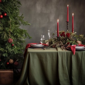 Dark olive round linen tablecloth Christmas theme rectangle square tablecloth Olive rustic linen table cloth Stonewashed linen Custom sizes image 6