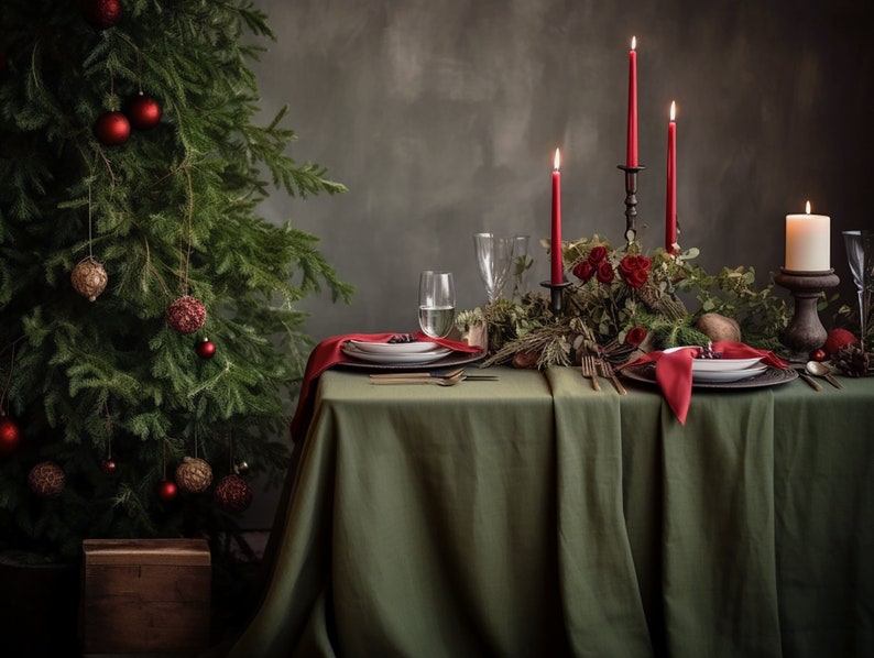 Dark olive round linen tablecloth Christmas theme rectangle square tablecloth Olive rustic linen table cloth Stonewashed linen Custom sizes image 6