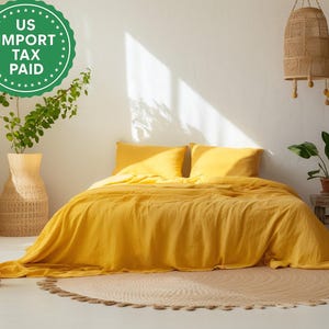 Bright yellow linen coverlet with or without filling Softened linen Medium weight Double Queen California KingCustom size bed cover