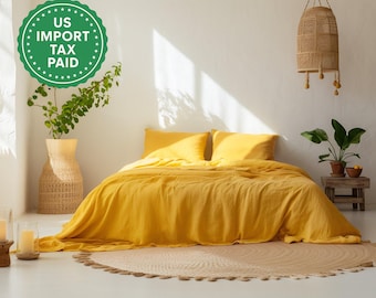 Bright yellow linen coverlet with or without filling Softened linen Medium weight Double Queen California KingCustom size bed cover