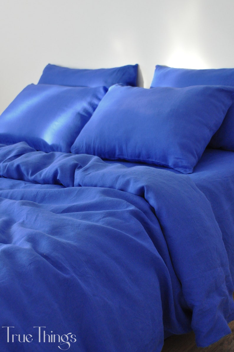 Royal blue linen duvet cover 1 duvet cover Softened linen Comforter cover Coconut buttons Ribbon ties Hidden closure Stonewashed image 4