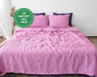 Juego de ropa de cama de lino con estampado de chicle, 1 funda nórdica y 2 fundas de almohada. Ropa de cama de lino suave en color rosa.