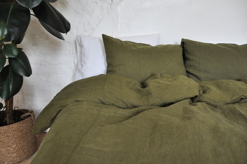 Dark olive linen pillowcase / Green pillow cover / King Etsy