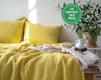 Citrongult linnesängkläderset 1 påslakan och 2 örngott i ljusgulgrön färg Mjukt linnesängkläder