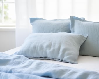 Set of 2 sky blue linen pillow cases /Linen throw cushion covers/striped decorative pillow cases/light blue pillow cases Envelope closure
