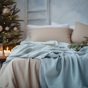 Christmas sky blue linen coverlet with or without filling Softened linen Medium weight Double Queen California King Custom size bed cover