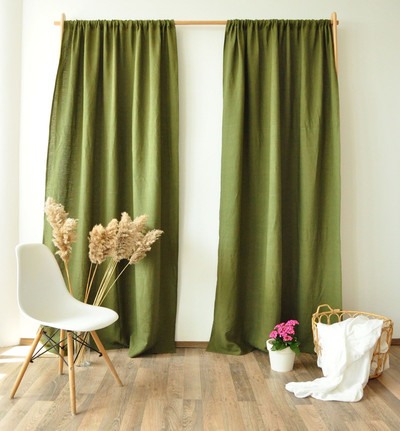 Olive linen curtains / 2 panels / Stonewashed linen curtains / Etsy