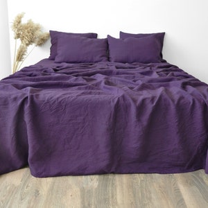 Deep purple linen sheet set 1 flat sheet and 1 fitted sheet and 2 pillowcases Softened linen bedding Stonewashed Purple bedding set image 3