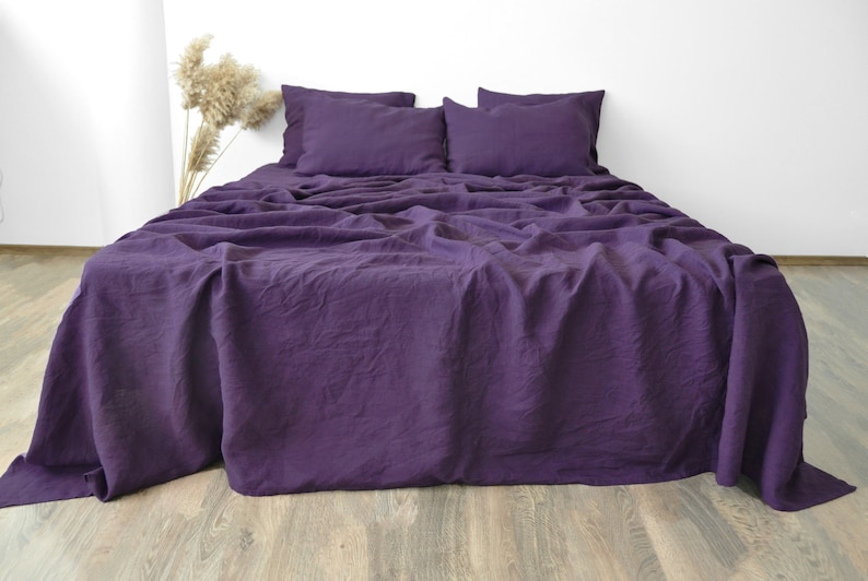 Deep purple linen sheet set 1 flat sheet and 1 fitted sheet and 2 pillowcases Softened linen bedding Stonewashed Purple bedding set image 3