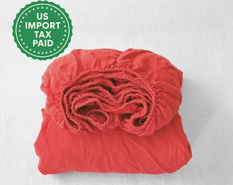 Korallfärgat linnelakan 1 Dra-på-lakan Mjukt linnelakan Stentvättat linne Linnelakan Rött dra-på-lakan tvättat linne