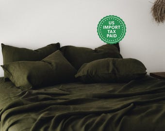 Mörkt olivfärgat linneörngott Grönt örngott Kung Queen Standard Euro Dekorativ australisk, Anpassad storlek Kuvertförslutning