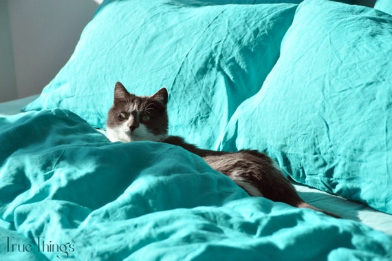 Housse De Couette En Lin Turquoise 1 Housse De Couette Lin Etsy France