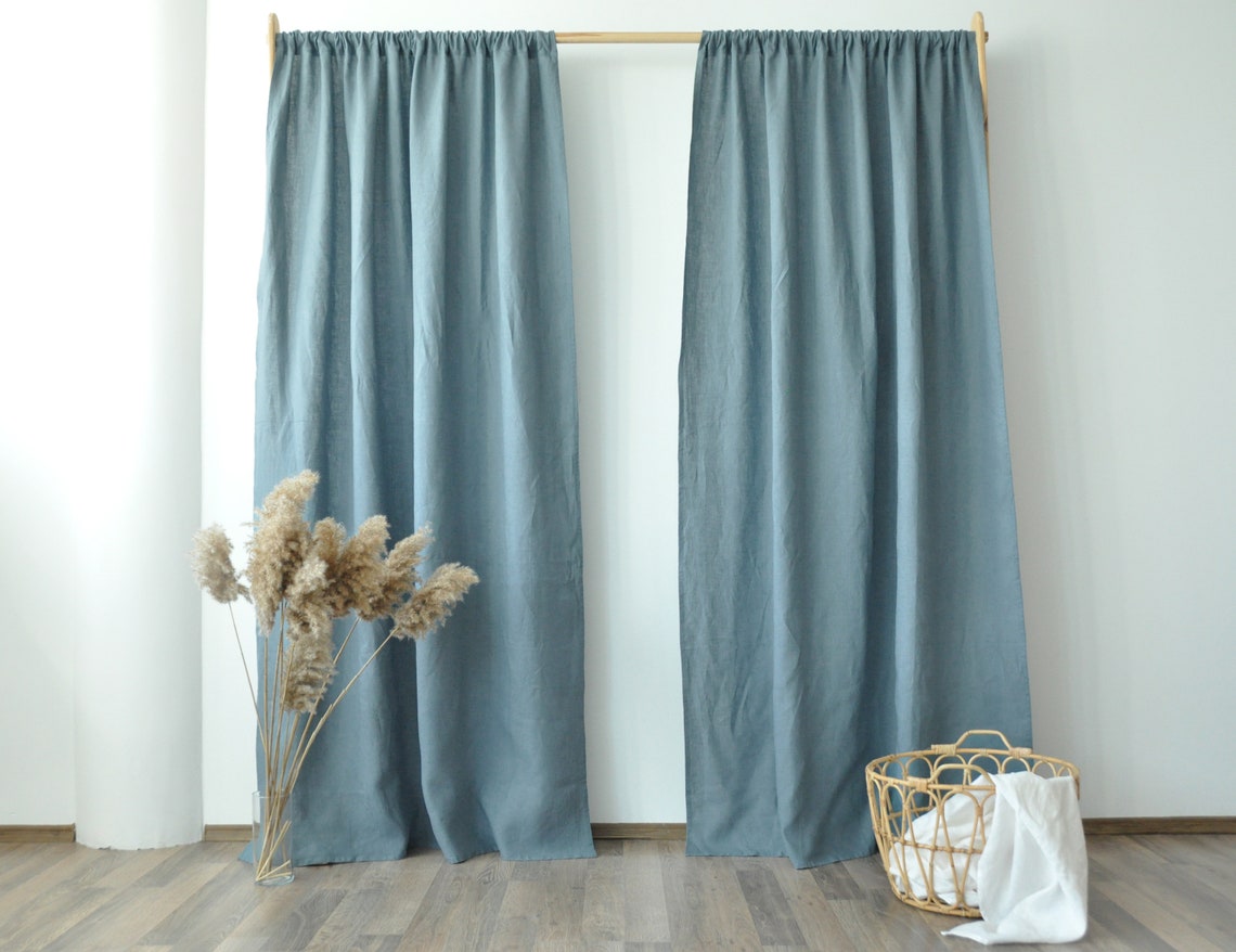 Dusty blue linen curtains / 2 panels / Stonewashed linen Etsy